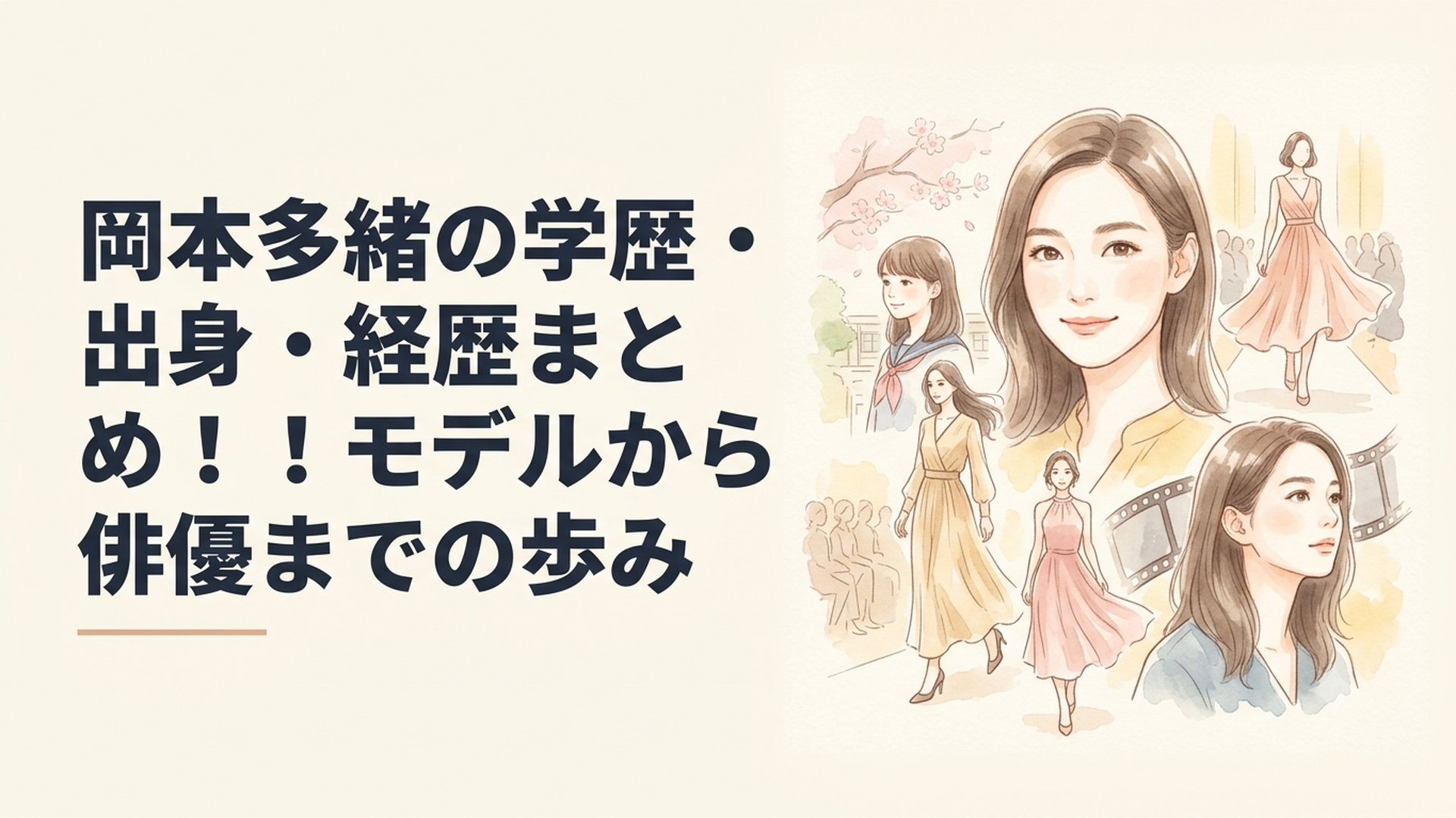 千葉県の学生時代からパリのランウェイと映画の世界へ進んだ岡本多緒の歩みを表現したポートレート風シーン