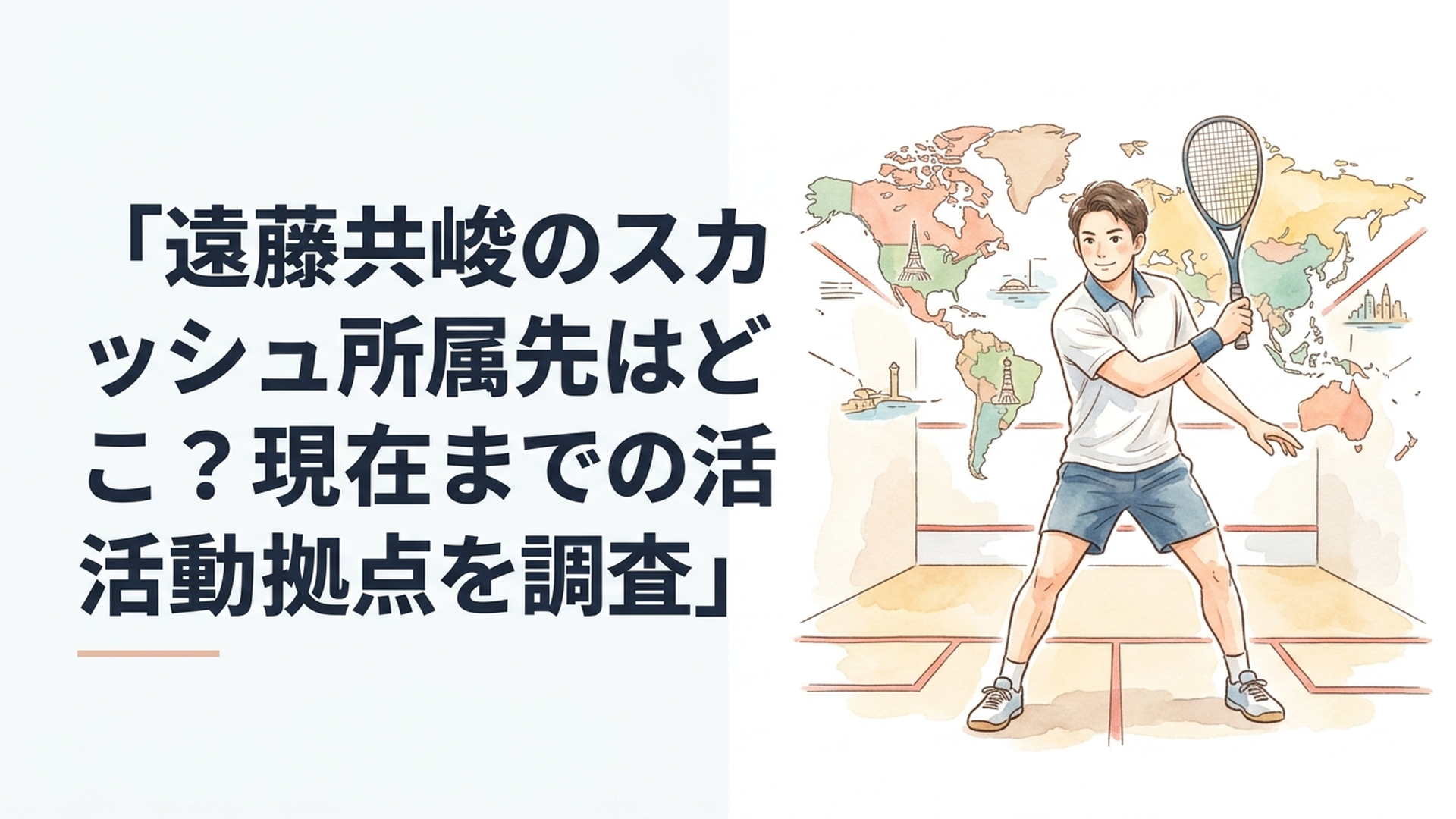 スカッシュコートでラケットを構える男子トップ選手と世界各地をイメージした背景