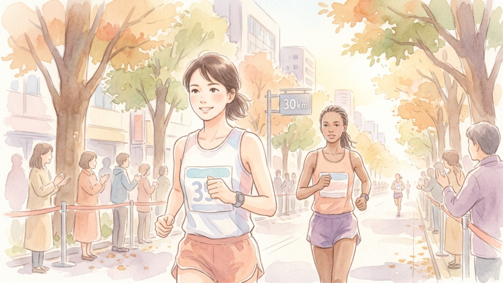 大阪国際女子マラソンの30キロ以降で先頭に立ち海外選手と競り合う女子ランナー