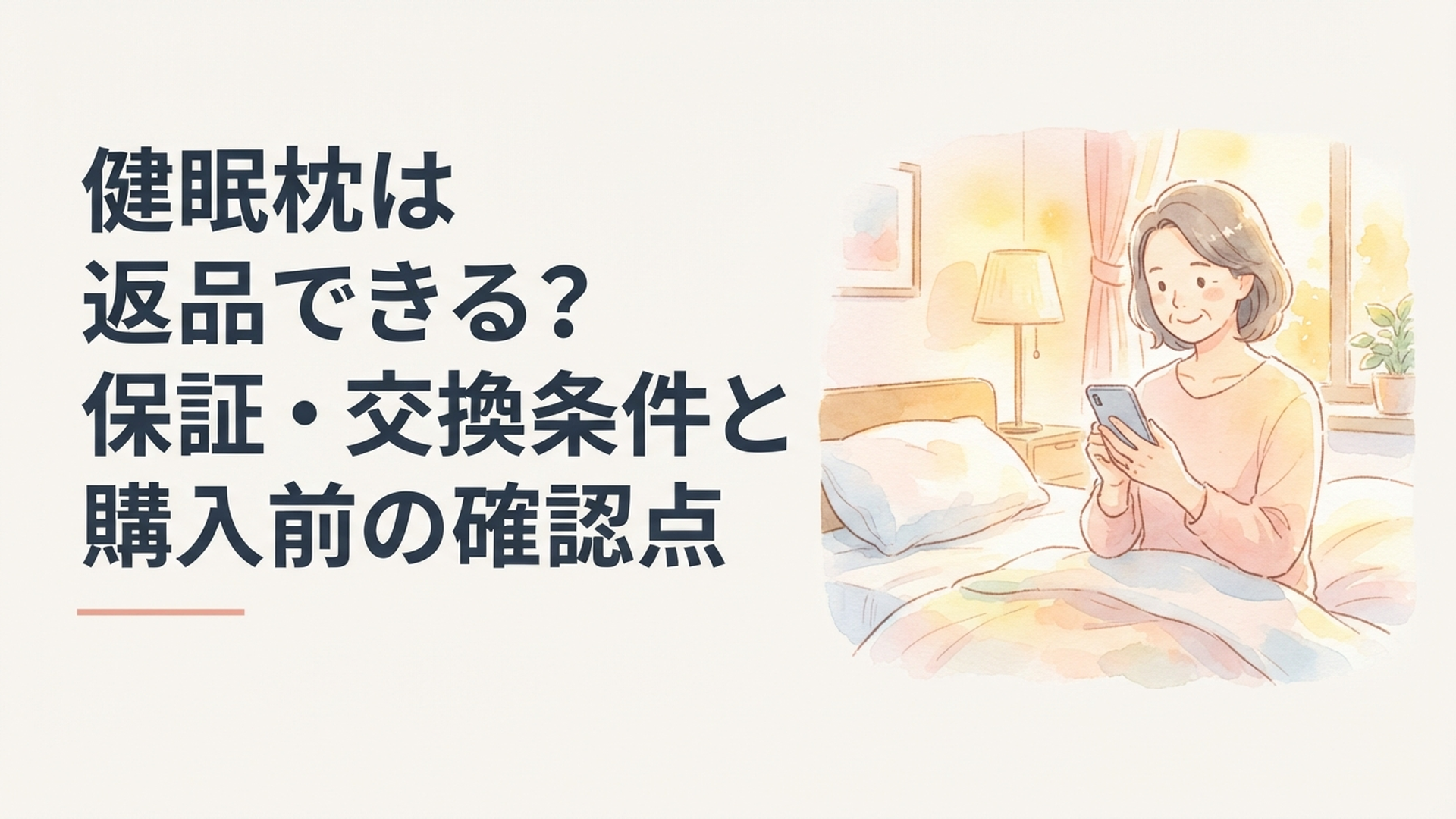 soft watercolor illustration, warm cozy palette, golden soft light, comforting bedroom scene, middle-aged woman calmly checking return and p
