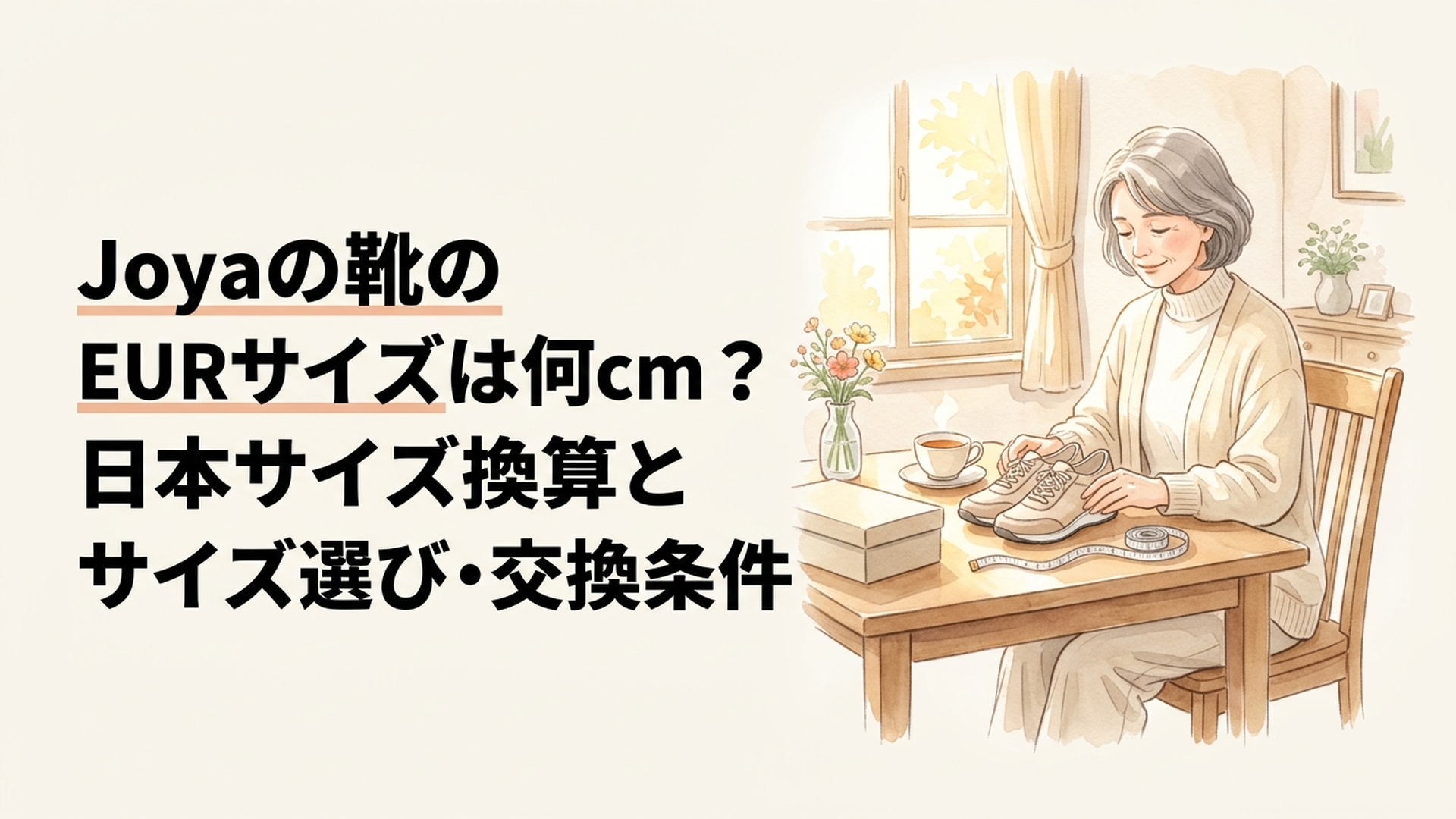 柔らかな秋の日差しが差し込む明るいリビングで、50代の女性が上品なウォーキングシューズとメジャーを前にサイズ選びを考えている様子。テーブルには紅茶と小さな花瓶。淡いクリーム色とベージュを基調とした温かみのあるパステル水彩画。文字やロゴのない穏やかな構図