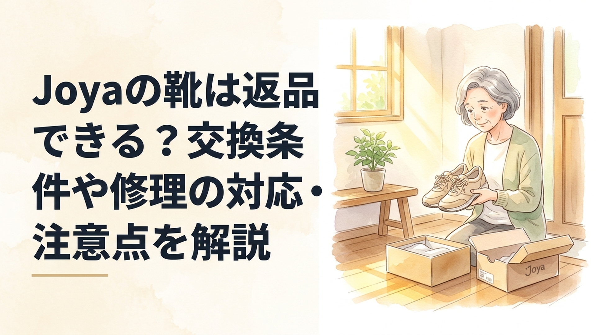 秋のやわらかな日差しが差し込む明るい玄関で、50代の女性が上品なベージュ色のウォーキングシューズを手に取り、サイズが合うか考えている穏やかな場面。そばには靴箱と小さな観葉植物。淡いパステルカラーと温かみのある水彩タッチ、柔らかな黄金色の光が包む家庭的な雰囲気