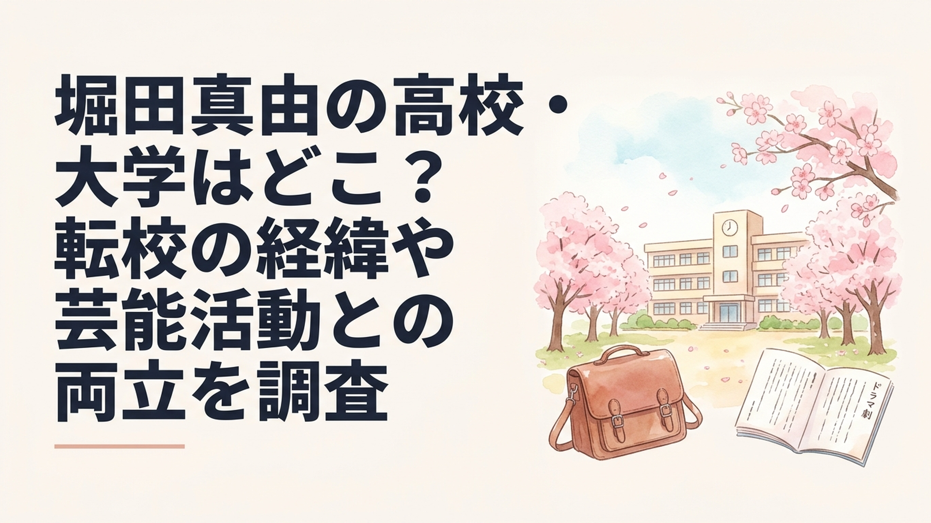 滋賀県から東京へ向かう女子高校生の進路を象徴する春の校舎と桜並木、通学かばんとドラマの台本を組み合わせた温かな風景