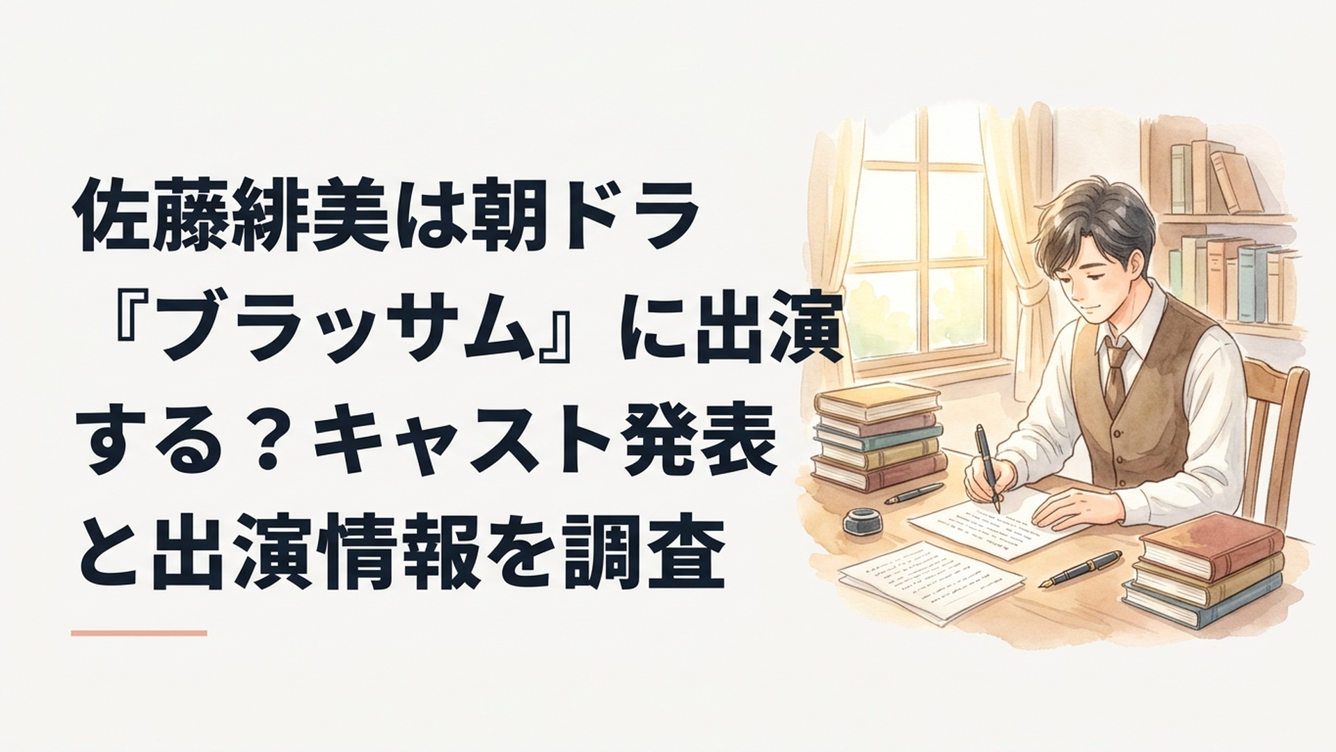 大正時代の若き文学者をイメージした青年が木製の机で原稿用紙に向かう情景。積み重ねた文学書と万年筆、窓から差し込む柔らかな朝日。実在の俳優を再現しないオリジナルイメージ