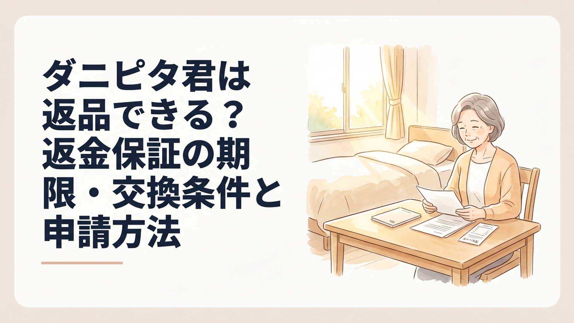 柔らかな朝日が差し込む清潔な寝室。淡いベージュの寝具と小さな無地のダニ取りシート、購入明細を並べた木製テーブルの前で、50代の女性が穏やかな表情で購入条件を確認している。温かな金色の光、優しいパステルカラー、繊細な水彩タッチ、安心感のある家庭的な雰囲気